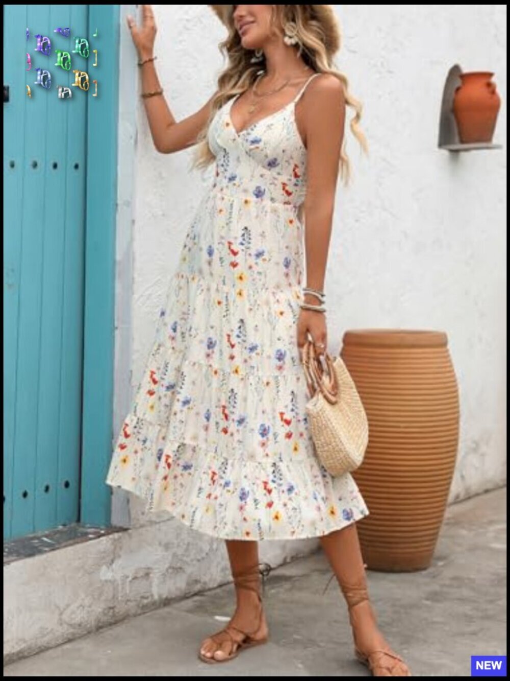 Boho Floral V-Neck Sleeveless A-Line Summer Beach Dress High Waist Flowy - Picture 5 of 5